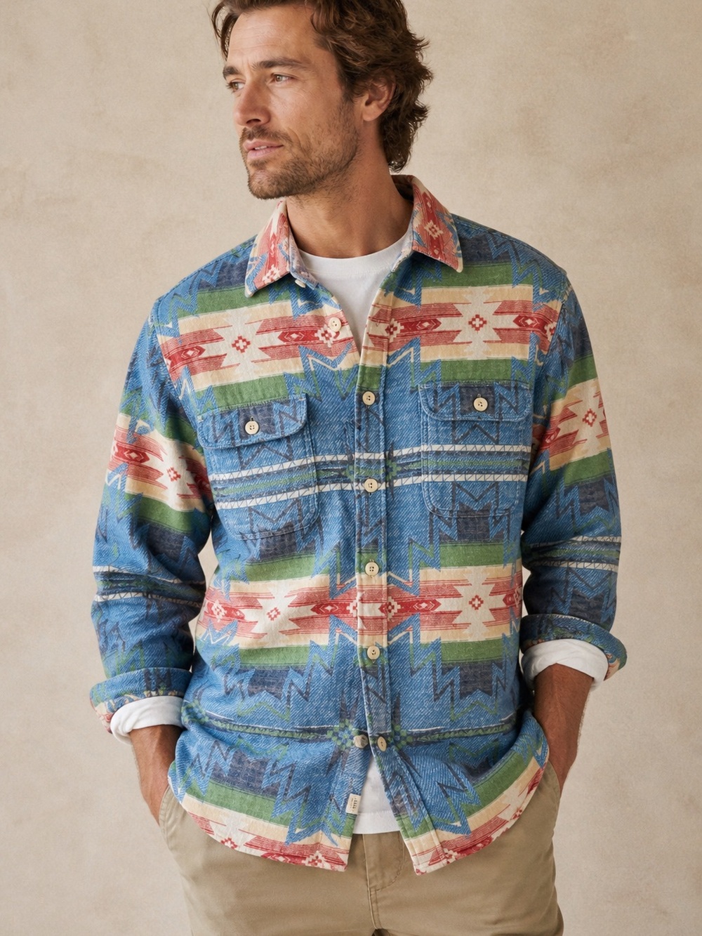 Faherty Doug Good Feather Canyon Overshirt Blue Aztec Western Button Up Medium